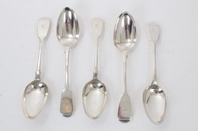 Lot 345 - Five George IV silver Fiddle pattern table spoons with engraved initial G (London 1828)