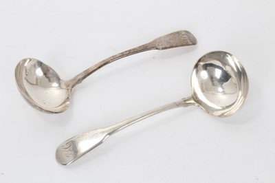 Lot 349 - Pair George III silver Fiddle pattern sauce ladles with engraved initials (London 1801)