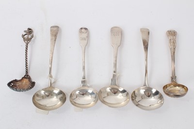 Lot 350 - Two Georgian and two Victorian silver sauce ladles (various dates and makers) and one other (4)