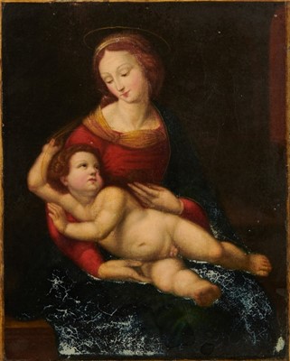 Lot 1182 - After Raphael, oil on canvas - The Bridgewater Madonna, inscribed P. Mignard verso, unframed, 32 x 25cm