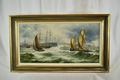 Lot 1183 - English School, circa 1880, pair of oils on canvas - a tug pulling a two masted vessel and other shipping at the harbour entrance and sailing vessels off the coast, indistinctly signed, 30cm x 60cm...