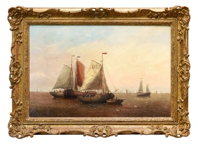 Lot 1058 - J. Classens, Dutch School, mid 19th century, oil on canvas - Vessels in Calm Waters, signed and dated 1858, 41cm x 65cm, in gilt frame