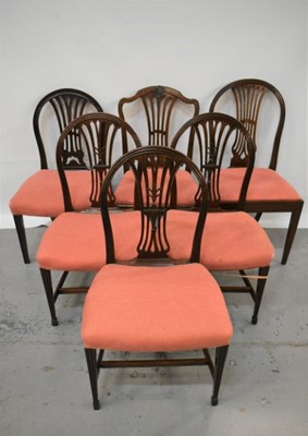 Lot 1023 - Set of three George III Sheraton style mahogany dining chairs, three other Georgian chairs