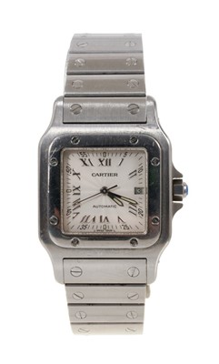 Lot 575 - Cartier Santos automatic wristwatch with silver engine turned dial, Roman numerial hour markers and calendar at the 3 o'clock position