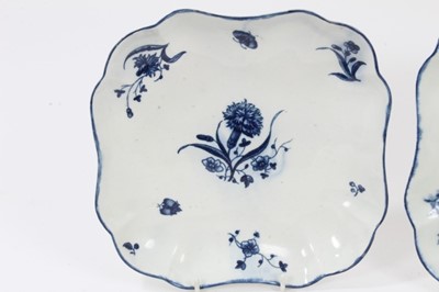 Lot 165 - A rare Worcester blue and white dish, circa 1775, of square form with scalloped corners, printed with the Carnation and Fruit Sprigs pattern, crescent mark to base, 21.5cm across, with a similar Wo...