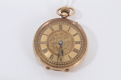 Lot 587 - Late 19th century ladies Swiss 14k gold fob watch with engraved dial with Roman numeral hour markers