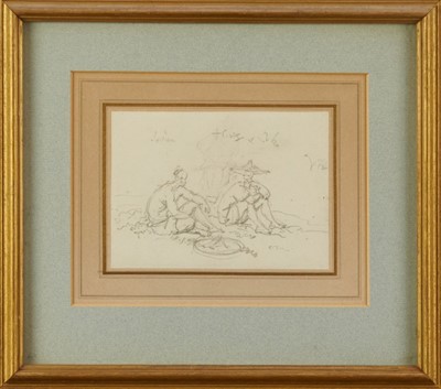 Lot 1205 - George Chinnery (1774-1852) pencil on paper - two Coolies seated by a fire, 13.5cm x 9.5cm, mounted in glazed gilt frame