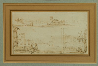 Lot 1204 - George Chinnery (1774-1852) pen and ink on paper - Eastern street scenes, 20cm x 11.5cm, mounted in glazed gilt frame