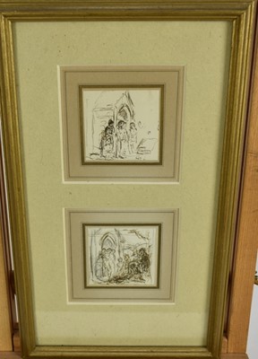 Lot 1206 - George Chinnery (1774-1852) pen and ink on paper - studies of figures beside a porch, both 6.5cm x 6.5cm, mounted together in glazed gilt frame