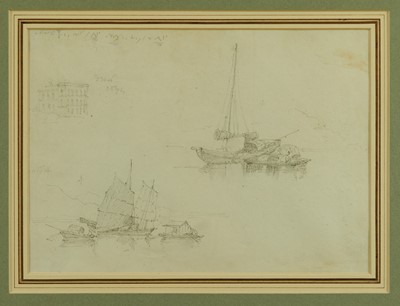 Lot 1201 - George Chinnery (1774-1852) pencil on paper - sketches of junks and sampans, inscribed in shorthand, 29cm x 21cm mounted in glazed gilt frame