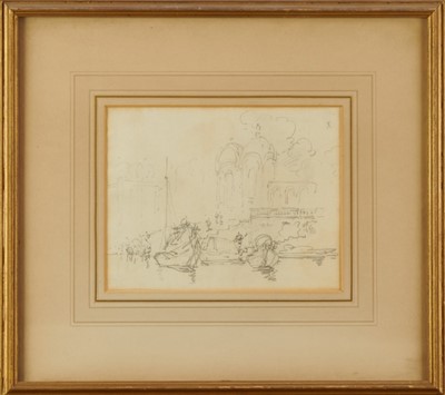 Lot 1202 - George Chinnery (1774-1852) pencil on paper - temples by an Indian river, 19.5cm x 15cm, mounted in glazed gilt frame