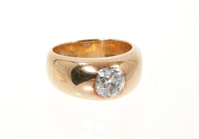 Lot 518 - Diamond gypsy ring with an old cut diamond estimated to weigh approximately 1.15cts in rub-over gold gypsy setting on wide gold shank, ring size M½-N.