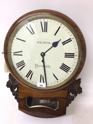 Lot 685 - Victorian drop dial wall clock by Wilshak, Yarmouth with circular painted dial, fusee movement in decorative rosewood case, pendulum present 51cm high