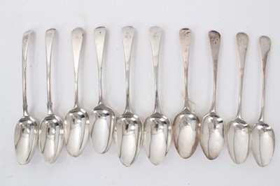 Lot 359 - Five pairs Georgian silver Old English pattern table spoons, with engraved initials