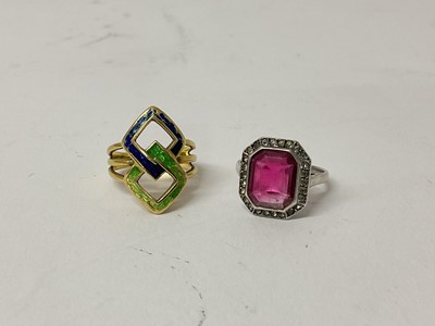 Lot 69 - 18ct gold enamelled ring, marked 750, ring size J 1/2 and silver cocktail ring, marked 935, ring size N (2)
