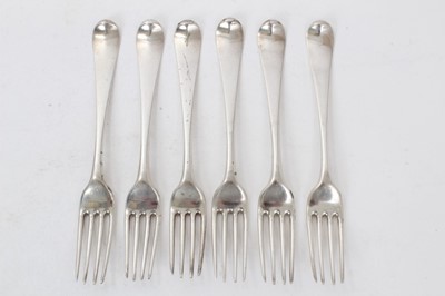Lot 364 - Set of six early George III silver Hanoverian pattern dinner fork, with engraved armorial crests