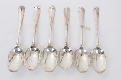 Lot 365 - Six Georgian silver Hanoverian Rattail table spoons, four with engraved initials