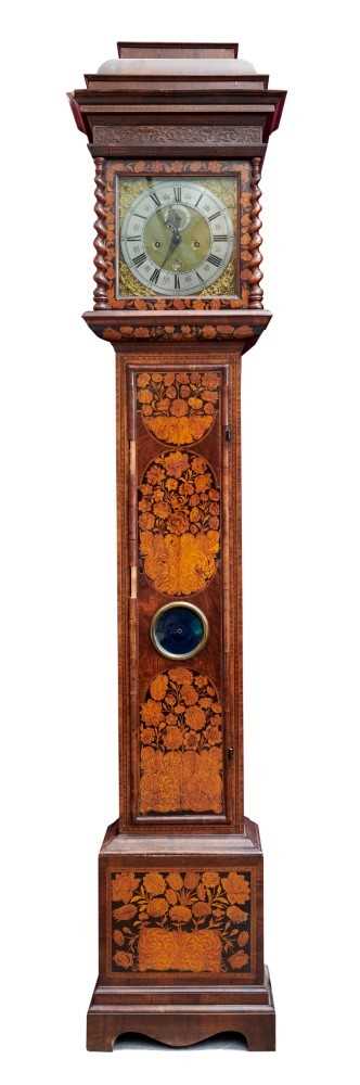 Lot 688 - Fine late-17th century marquetry longcase clock by Joseph Windmills, London with 11" gilt brass and silvered dial with subsidiary seconds and date aperture, latched six pillar movement striking on...