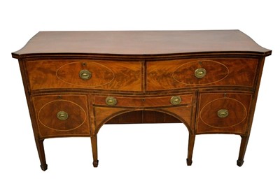 Lot 1471 - George III mahogany and feather banded serpentine sideboard