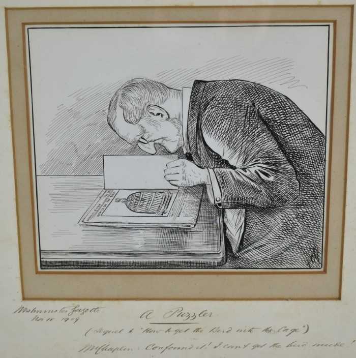 Lot 65 - Sir Francis Carruthers Gould (1844-1925) pen and ink illustration - A Puzzler, from page 3 of the Westminster Gazette, November 10th 1909, monogrammed, inscribed to mount, image 18cm x 21cm, in gla...