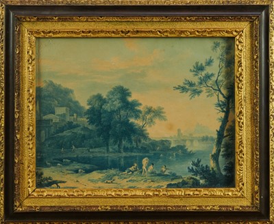 Lot 1220 - Felix M. Ferdinand Storelli (Italian, 1778-1854) watercolour - Arcadian Landscape, signed beneath mount, 22cm x 29cm, in gilt and wooden frame 
Provenance: Charles Plante Fine Art, Washington