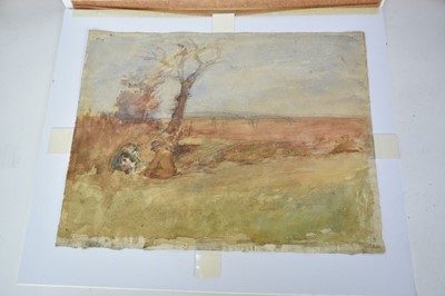 Lot 73 - East Anglian School, early 20th century, two pencil and watercolour sketches, The Haycart and Rural Figures, 17cm x 28cm and 21cm x 27cm, mounted (2)