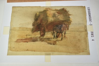 Lot 73 - East Anglian School, early 20th century, two pencil and watercolour sketches, The Haycart and Rural Figures, 17cm x 28cm and 21cm x 27cm, mounted (2)