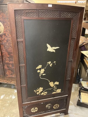 Lot 1406 - Fine quality Japanese Meiji period hardwood and shibayama inlaid two fold screen, with ornate panels of birds and foliage, the left central panel with signature plaque, within gently arched lattice...