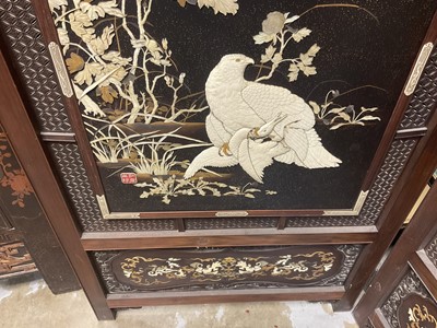 Lot 1406 - Fine quality Japanese Meiji period hardwood and shibayama inlaid two fold screen, with ornate panels of birds and foliage, the left central panel with signature plaque, within gently arched lattice...