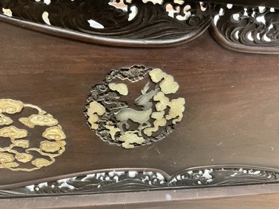 Lot 1406 - Fine quality Japanese Meiji period hardwood and shibayama inlaid two fold screen, with ornate panels of birds and foliage, the left central panel with signature plaque, within gently arched lattice...