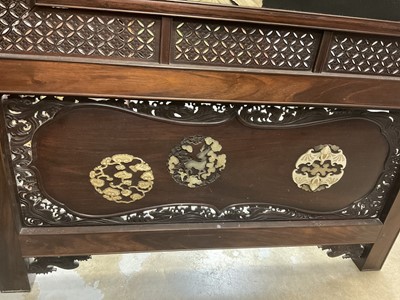 Lot 1406 - Fine quality Japanese Meiji period hardwood and shibayama inlaid two fold screen, with ornate panels of birds and foliage, the left central panel with signature plaque, within gently arched lattice...