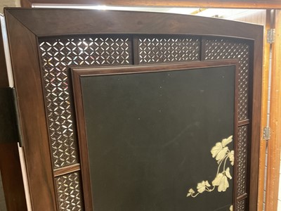 Lot 1406 - Fine quality Japanese Meiji period hardwood and shibayama inlaid two fold screen, with ornate panels of birds and foliage, the left central panel with signature plaque, within gently arched lattice...