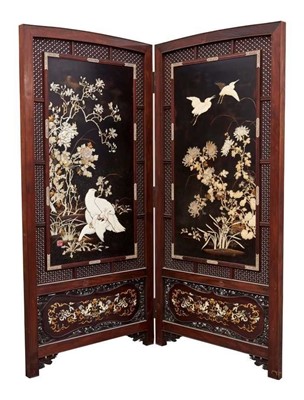 Lot 1406 - Fine quality Japanese Meiji period hardwood and shibayama inlaid two fold screen, with ornate panels of birds and foliage, the left central panel with signature plaque, within gently arched lattice...