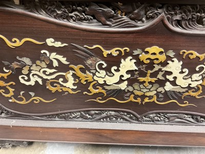 Lot 1406 - Fine quality Japanese Meiji period hardwood and shibayama inlaid two fold screen, with ornate panels of birds and foliage, the left central panel with signature plaque, within gently arched lattice...