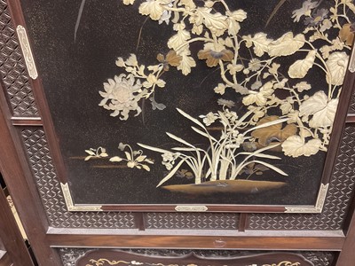 Lot 1406 - Fine quality Japanese Meiji period hardwood and shibayama inlaid two fold screen, with ornate panels of birds and foliage, the left central panel with signature plaque, within gently arched lattice...