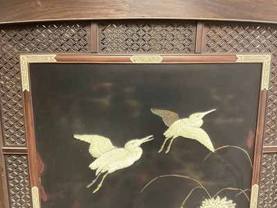 Lot 1406 - Fine quality Japanese Meiji period hardwood and shibayama inlaid two fold screen, with ornate panels of birds and foliage, the left central panel with signature plaque, within gently arched lattice...