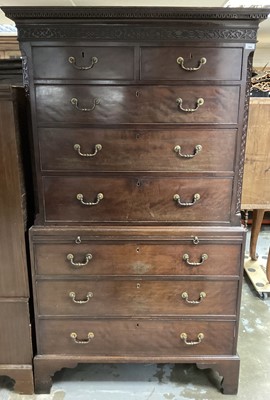 Lot 1496 - George III mahogany chest on chest with blind fret carved decoration