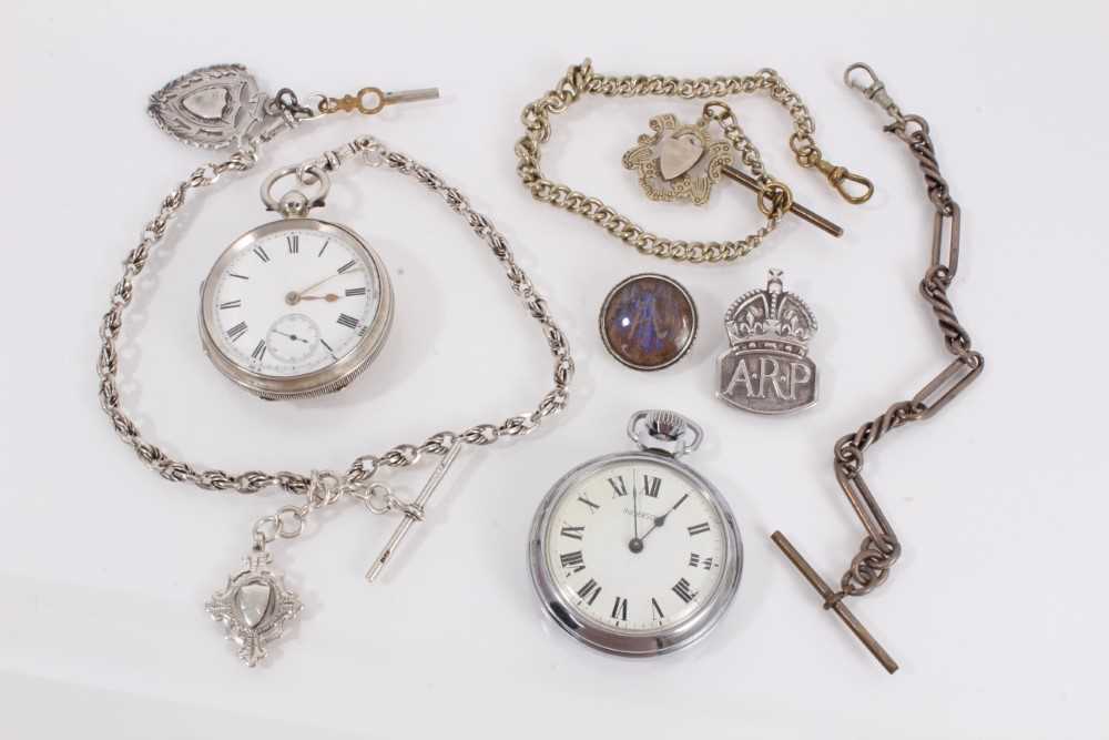 Lot 858 - Late Victorian silver pocket watch on silver watch chain with two silver fobs