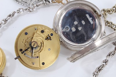 Lot 858 - Late Victorian silver pocket watch on silver watch chain with two silver fobs