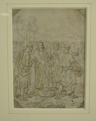 Lot 95 - Louis Haghe (1806-1885) pencil and wash drawing - Loaves and Fishes, initialled, 17cm x 12cm, in glazed gilt frame