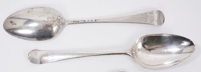 Lot 372 - Pair 18th century Hanoverian Fancy Back table spoons, engraved on the reverse of handles S T over I N 1771 and G L over I N 1771 respectively, second spoon also later engraved on front of stem IN t...