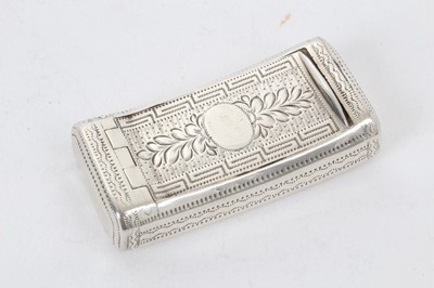 Lot 376 - George III silver snuff box of shaped rectangular form, with hinged cover and bright cut decoration (Birmingham 1807) Joseph Willmore. 5cm overall width.