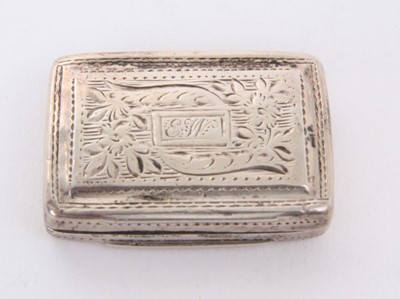 Lot 378 - George IV silver vinaigrette of rectangular form, with engraved decoration and initials EW and hinged cover, opening to reveal a gilded interior with plain hinged pierced grille (Birmingham 1827) J...