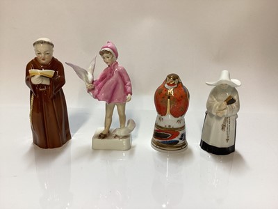 Lot 1143 - Royal Worcester figure - Peace, modelled by F.G Doughty, together with three Royal Worcester candle snuffers (4)