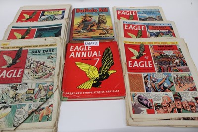 Lot 1512 - Large run of Eagle comics including no.1 (poor condition) and other ephemera.