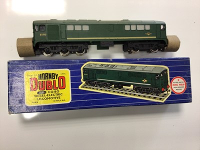 Lot 97 - Hornby Duplo 3 rail BR green Co-Bo diesel electric locomotive D 5713, boxed 3233 and BR green 2 rail diesel electric shunting locomotive D3302, boxed 2231 (2)
