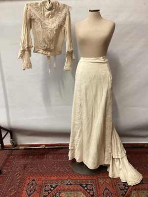 Lot 2056 - Victorian  cream silk crepe boned bodice with pin tucks and lace plus  matching skirt with train, finely pleated muslin frill under the skirt.