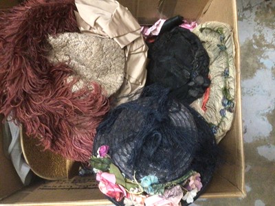 Lot 2060 - Two boxes of Victorian and later ladies and gentlemen's hats.  Including Victorian wide brim silk bonnet, black half hat with black seqinnes., ostrich feather and bow raffia hat, decorated atraw ha...