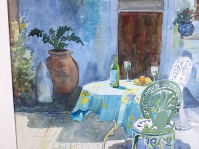 Lot 205 - David Wood (1933-1996) watercolour - 'Lunch in the Courtyard', signed, 58cm x 46cm, in glazed frame
