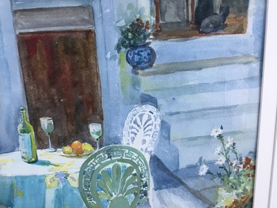 Lot 205 - David Wood (1933-1996) watercolour - 'Lunch in the Courtyard', signed, 58cm x 46cm, in glazed frame